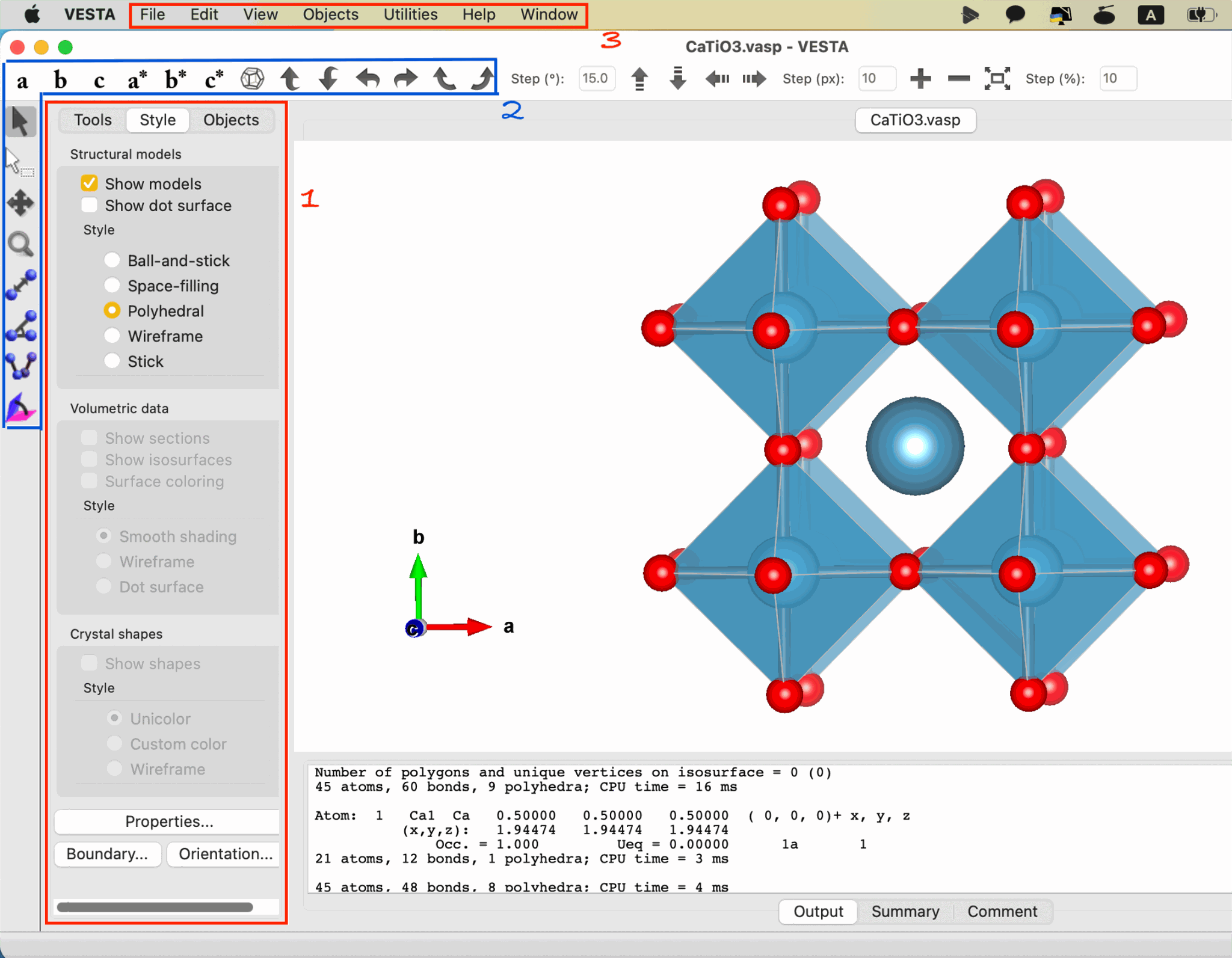 CaTiO3 structure in polyhedral representation with the VESTA interface
